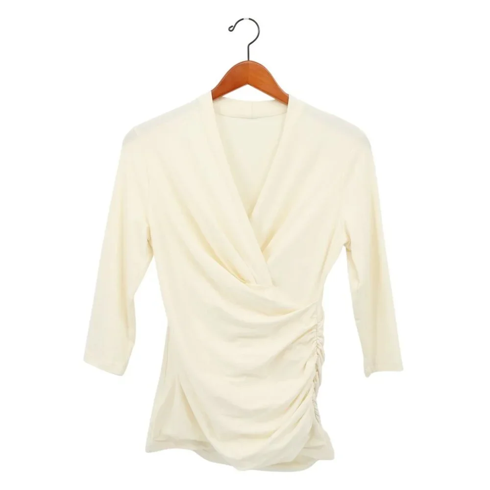 Peruvian Connection Ivory Faux Wrap Cyprus Ruched V-Neck Pima Cotton Top S M - Picture 2 of 6